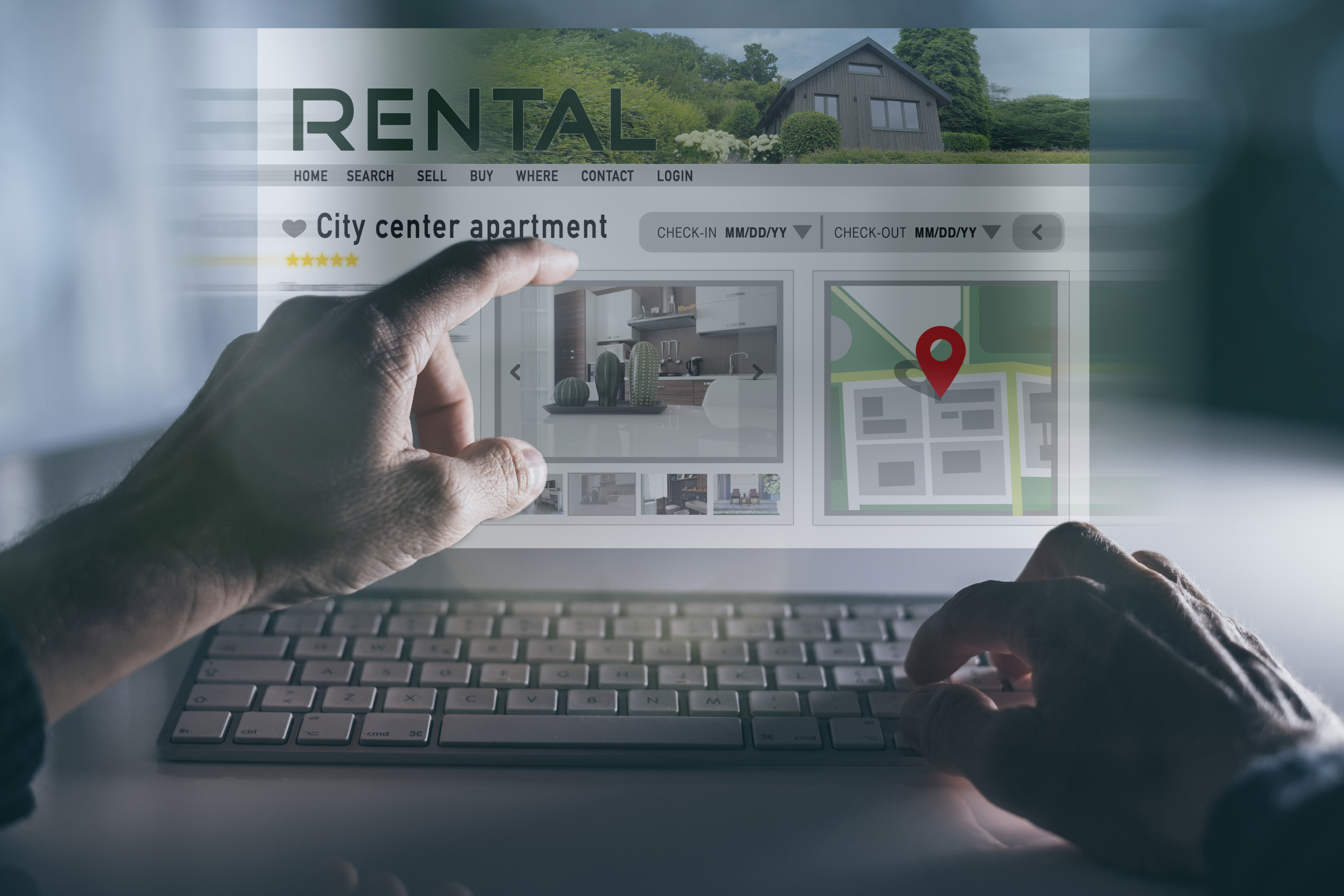 Man reading rental home ads online. Booking vacation in house fo