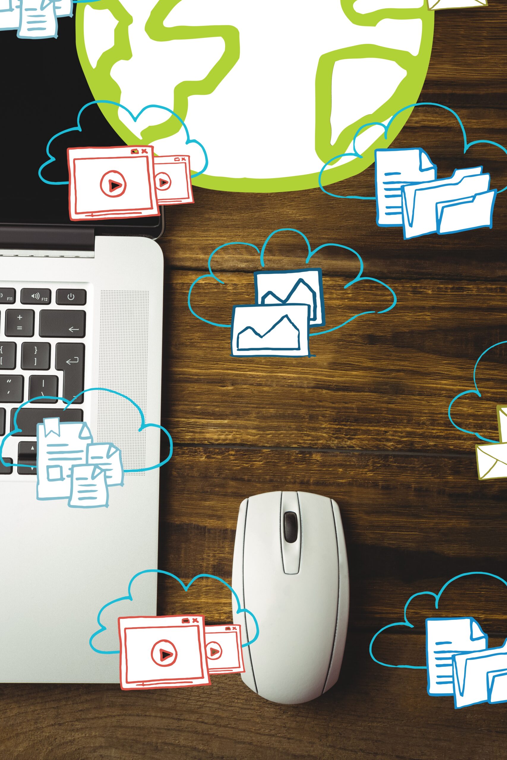 Composite image with laptop and mouse with different icons