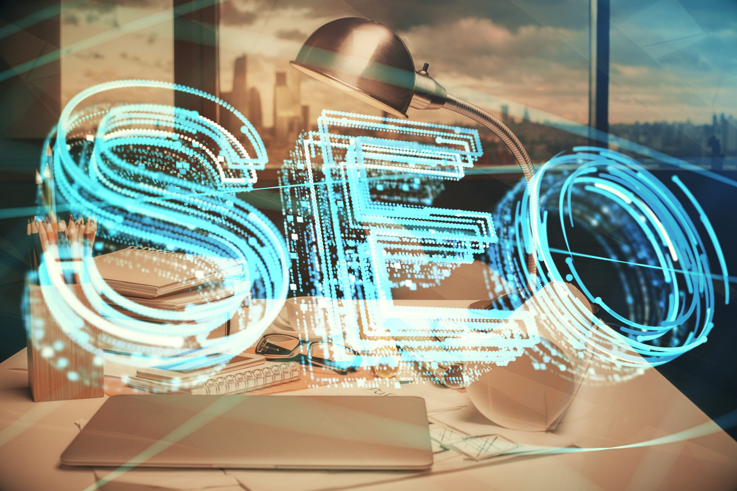 Double exposure of SEO drawing and office interior background. Concept of Search optimization engine.
