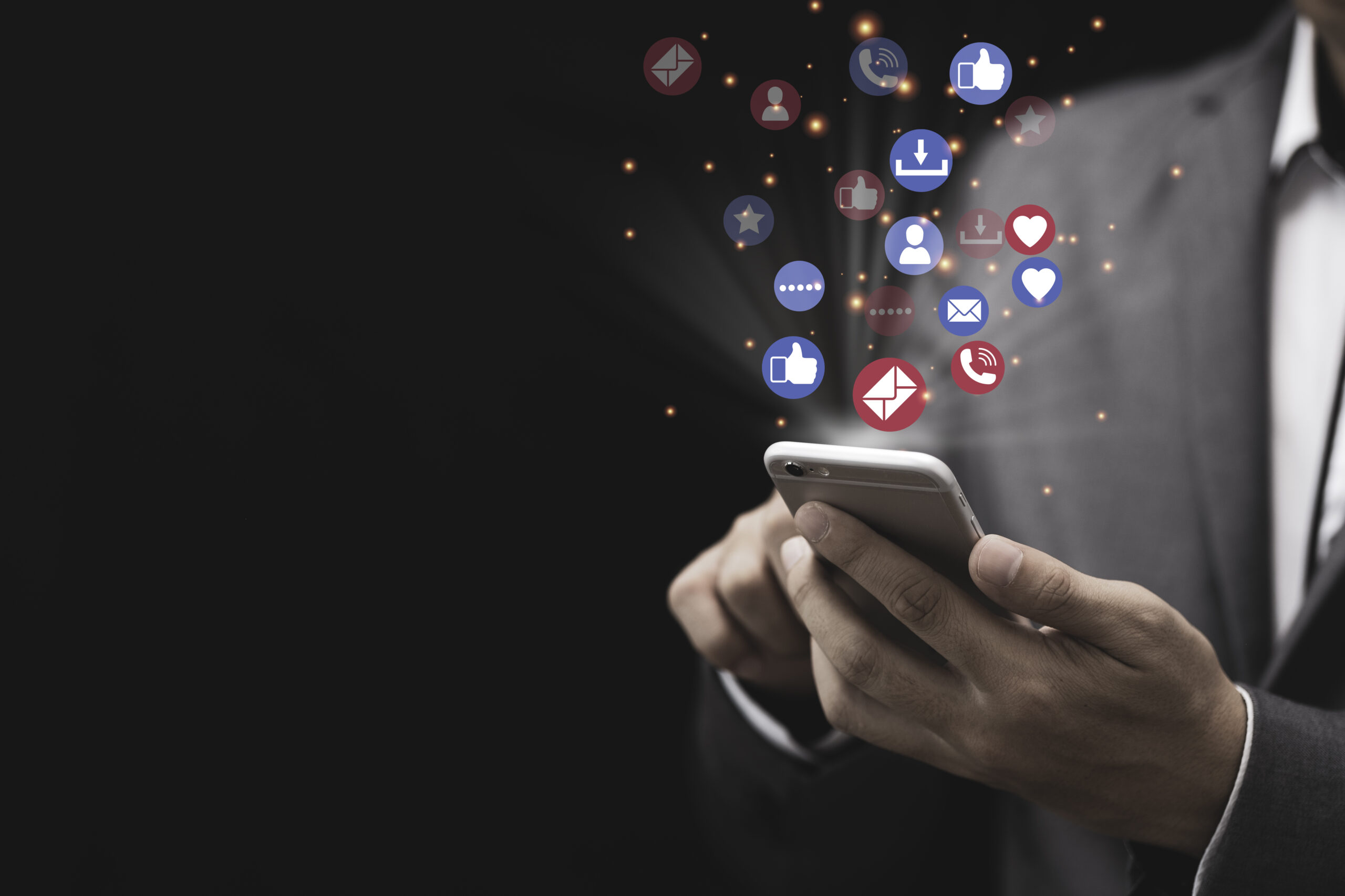 Social media and marketing concept, Businessman holding white sm