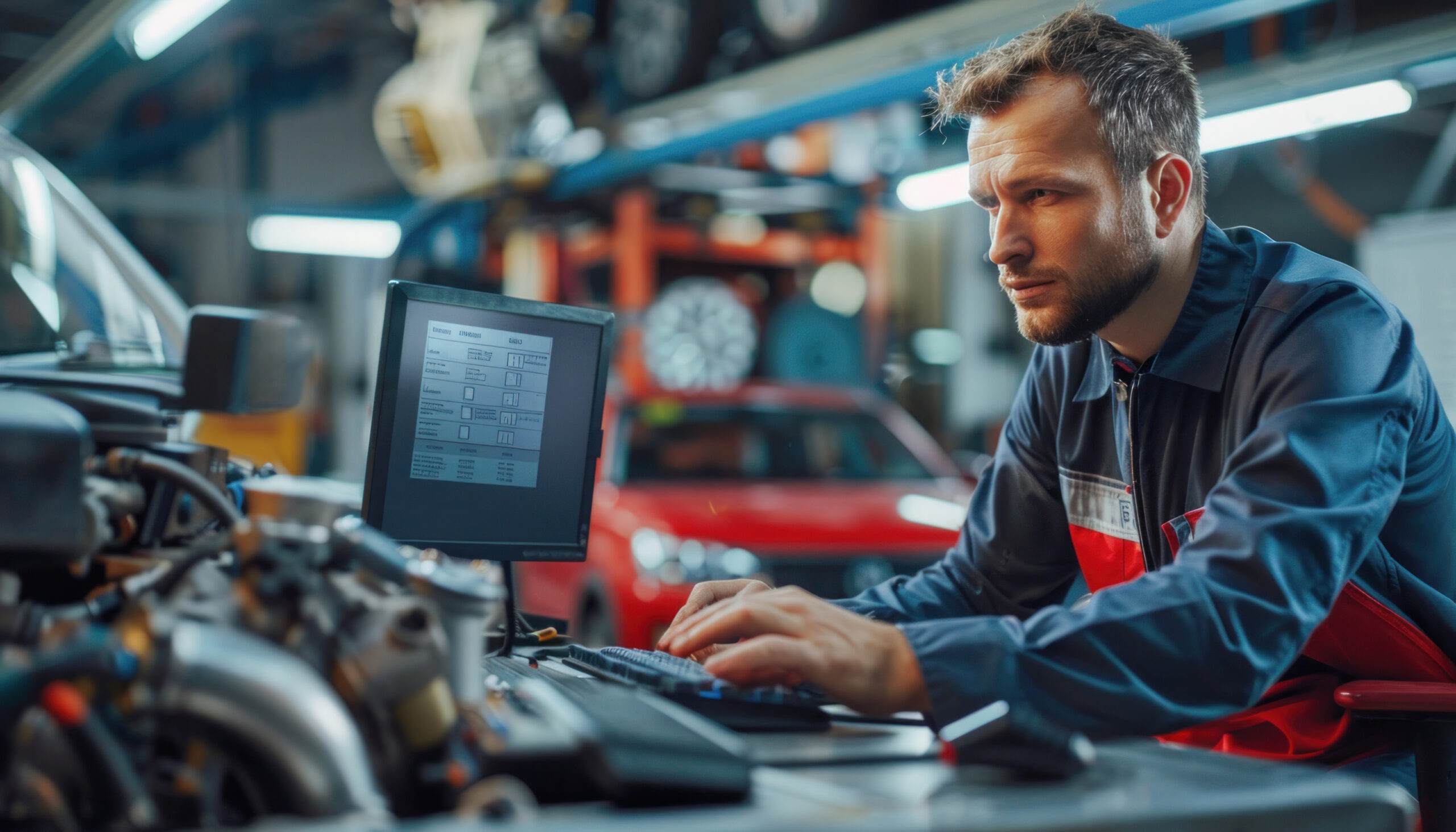 A mechanic is repairing a car engine in a garage and using a computer for assistance