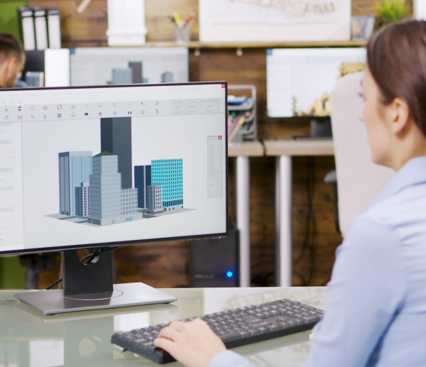 Female architect making 3d building models on computer